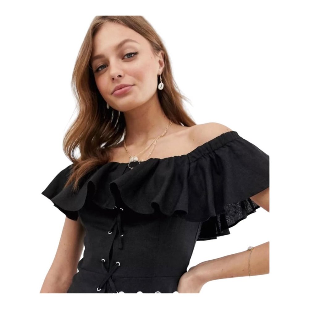 ASOS Size 2 Black On Off Shoulder Lace Up Detail Linen Blend Dress - Picture 3 of 9